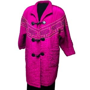 Y2K Quilted Duffel Coat Womens 1X 2X Magenta Pockets Velvet Long Embroider Artsy